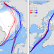 Transit routes for two kinds of vessels, current routes (left) vs. those possible in 2050 (right).